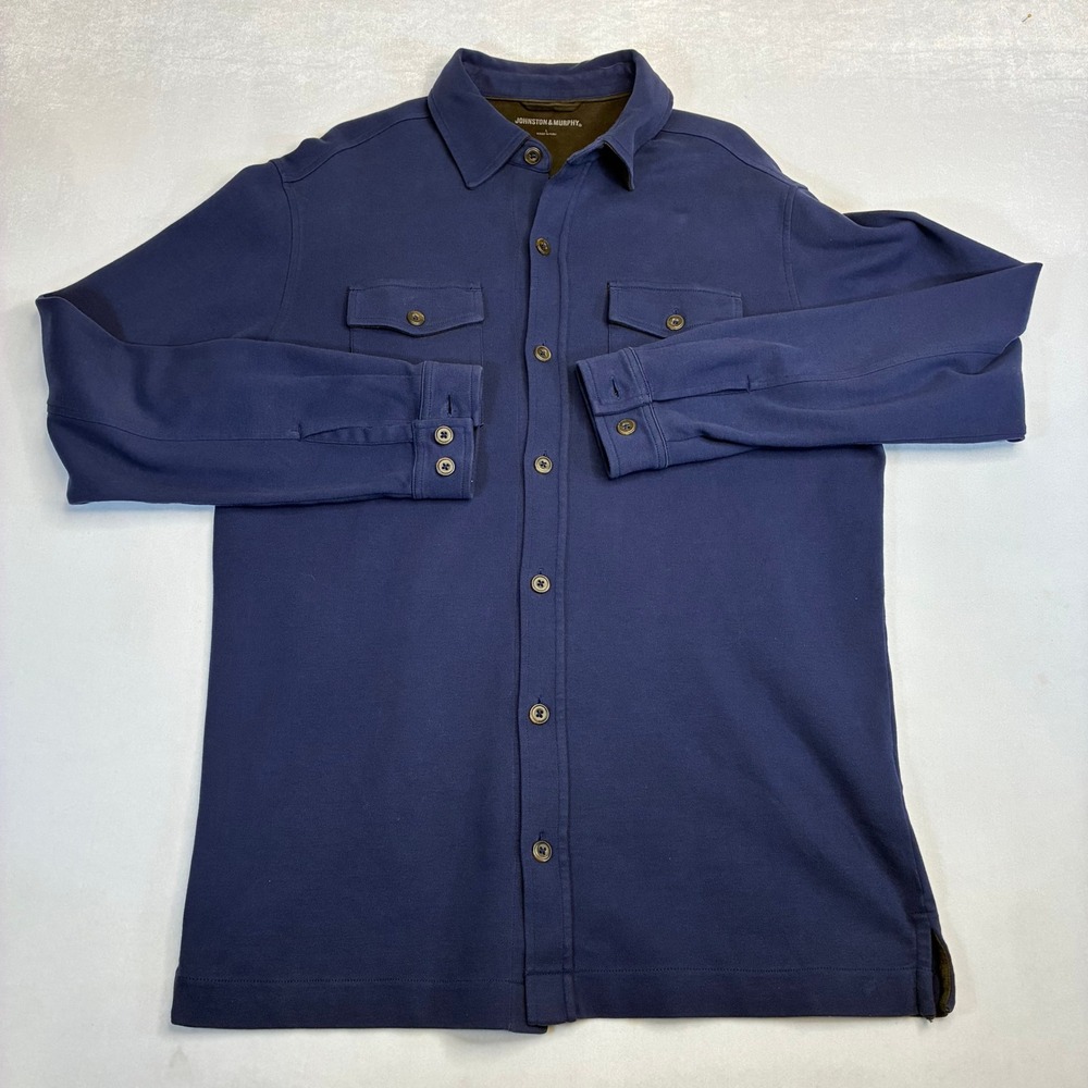 Johnston Murphy Men Navy Blue Button Up Long Sleeve Work Shirt Jacket Size Large